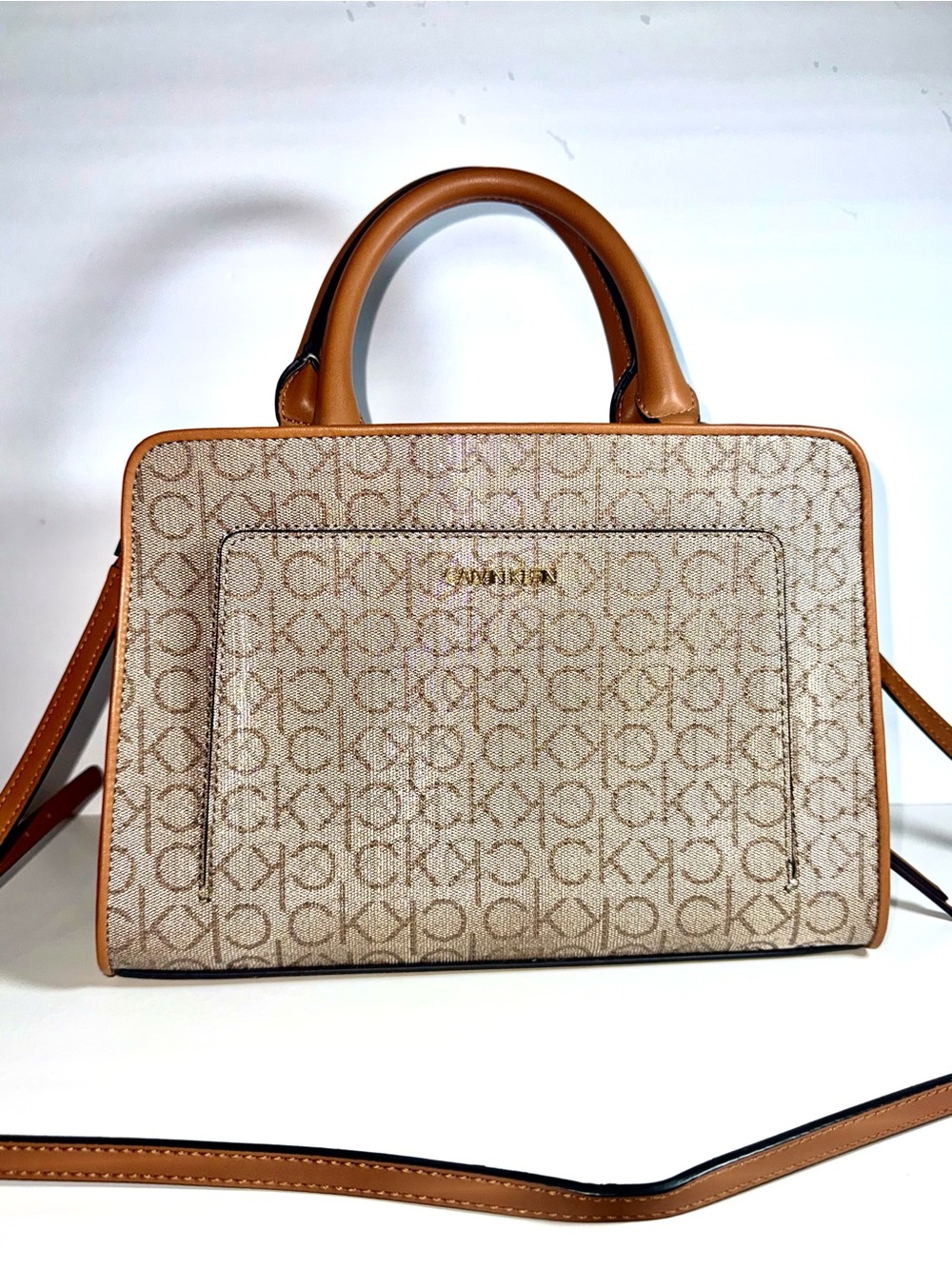 Calvin Klein Beige Logo Canvas Satchel with Tan Trim